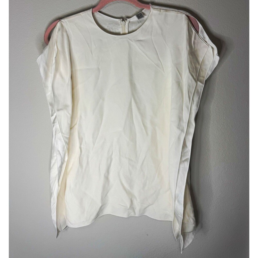 Totême White Satin Side-Drape Round Neck Cap Sleeve Top Womens EU 36
